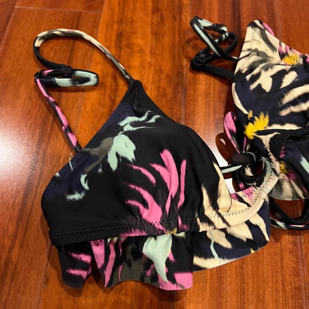 Scotch & Soda Bikini Top Triangle Ruffle Black Multi Palm Leaf Print New Size XS
